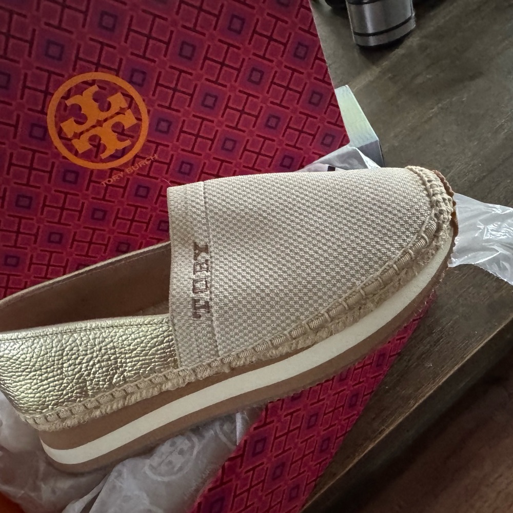 Tory Burch Cream and Gold Slip-On Espadrilles